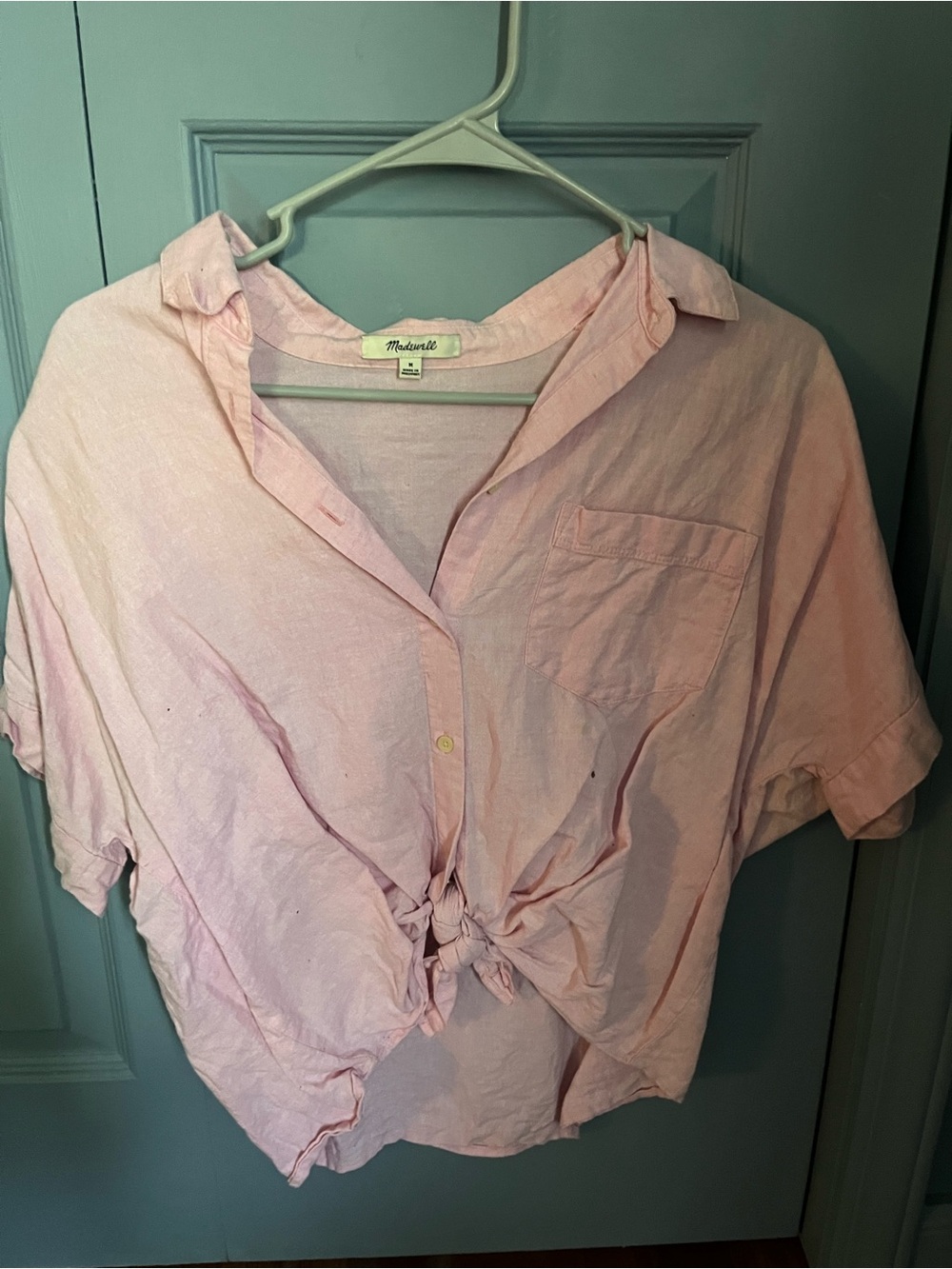 Madewell Light Pink Short-Sleeve Tie-Front Button Shirt